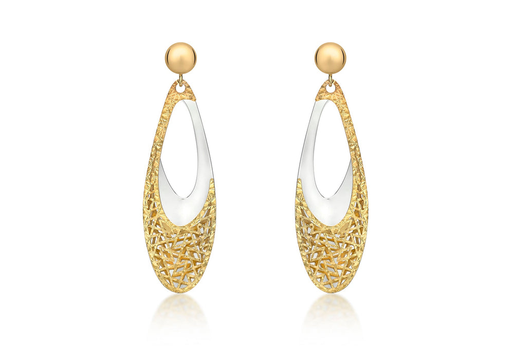 9ct 2-Colour Gold 11.5 x 40mm Oblong Teardrop Fretwork Drop Earrings