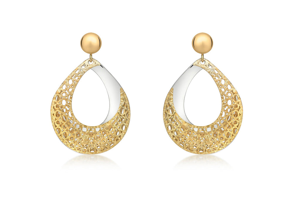 9ct 2-Colour Gold Teardrop Fretwork Drop Earrings