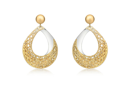 9ct 2-Colour Gold Teardrop Fretwork Drop Earrings