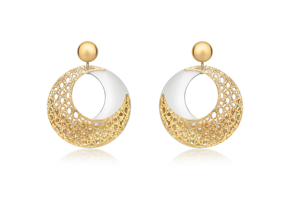 9ct 2-Colour Gold Round Fretwork Drop Earrings