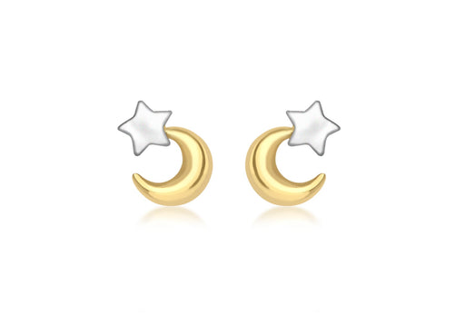 9ct 2-Colour Gold Moon and Star Stud Earrings