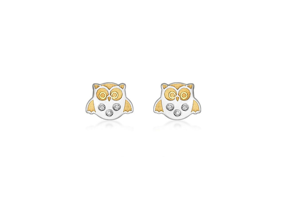 9ct 2-Colour Gold Zirconia  Owl Stud Earrings