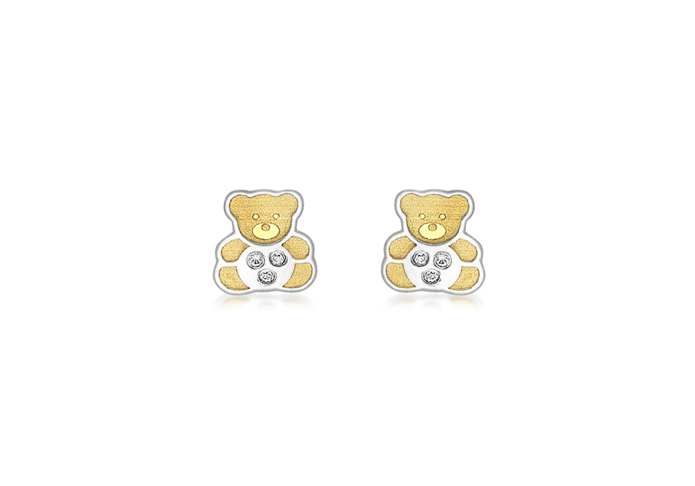 9ct 2-Colour Gold Zirconia  Teddy Bear Stud Earrings