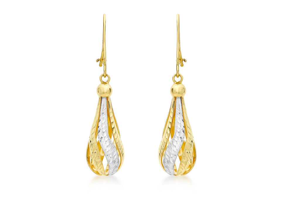 9ct 2-Colour Gold 7mm x 34mm Diamond Cut Teardrop Earrings