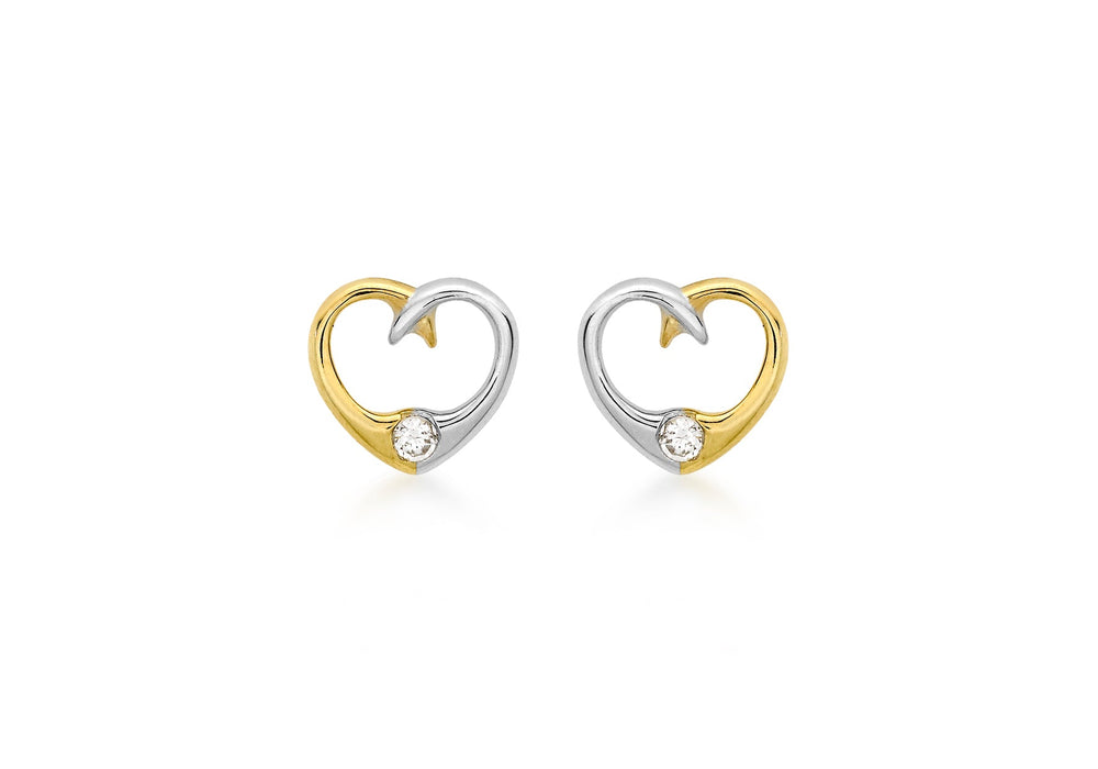 9ct 2-Colour Gold Zirconia  9mm x 8mm Heart Stud Earrings