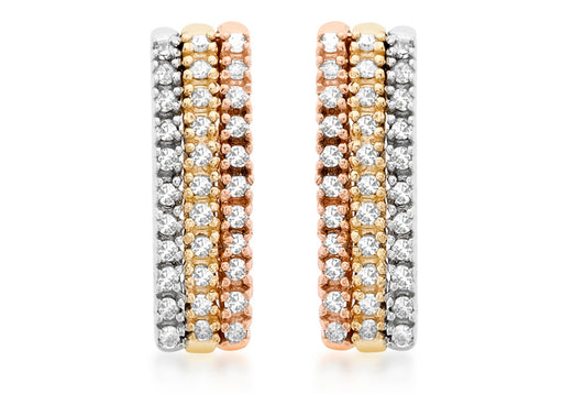 9ct 3-Colour Gold 0.40t Diamond 3-Row Earrings