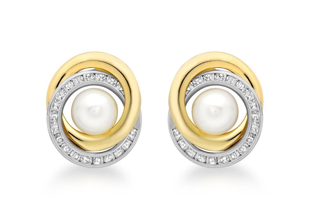 9ct 2-Colour Gold 15mm Zirconia  and Pearl Swirl Stud Earrings