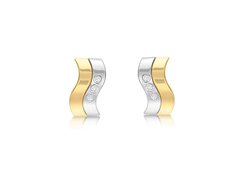 9ct 2-Tone Gold Zirconia  Wave Double Bars 5.5mm x 9.5mm Stud Earrings