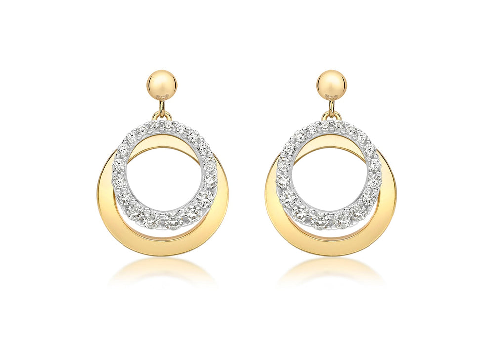 9ct 2-Colour Gold Zirconia  urved Ring and Plain urved Ring Drop Earrings