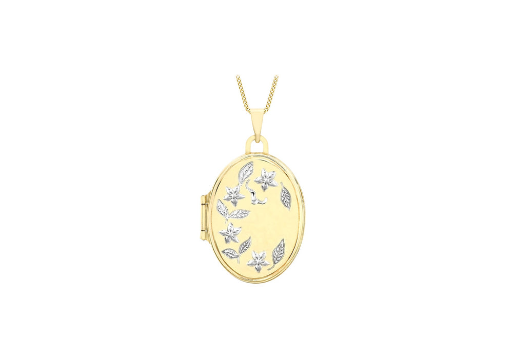 9ct 2-Colour Gold 17mm x 24mm Floral-Detail Oval Locket Pendant