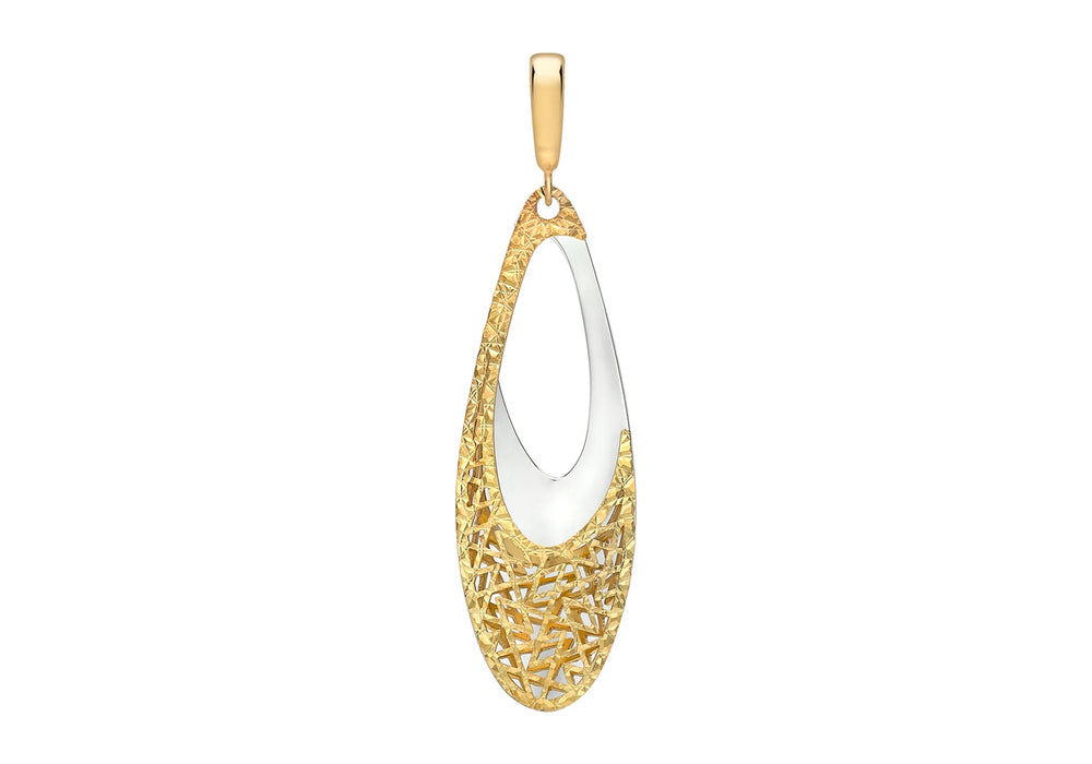 9ct 2-Colour Gold 11.5mm x 42mm Oblong Teardrop Fretwork Pendant