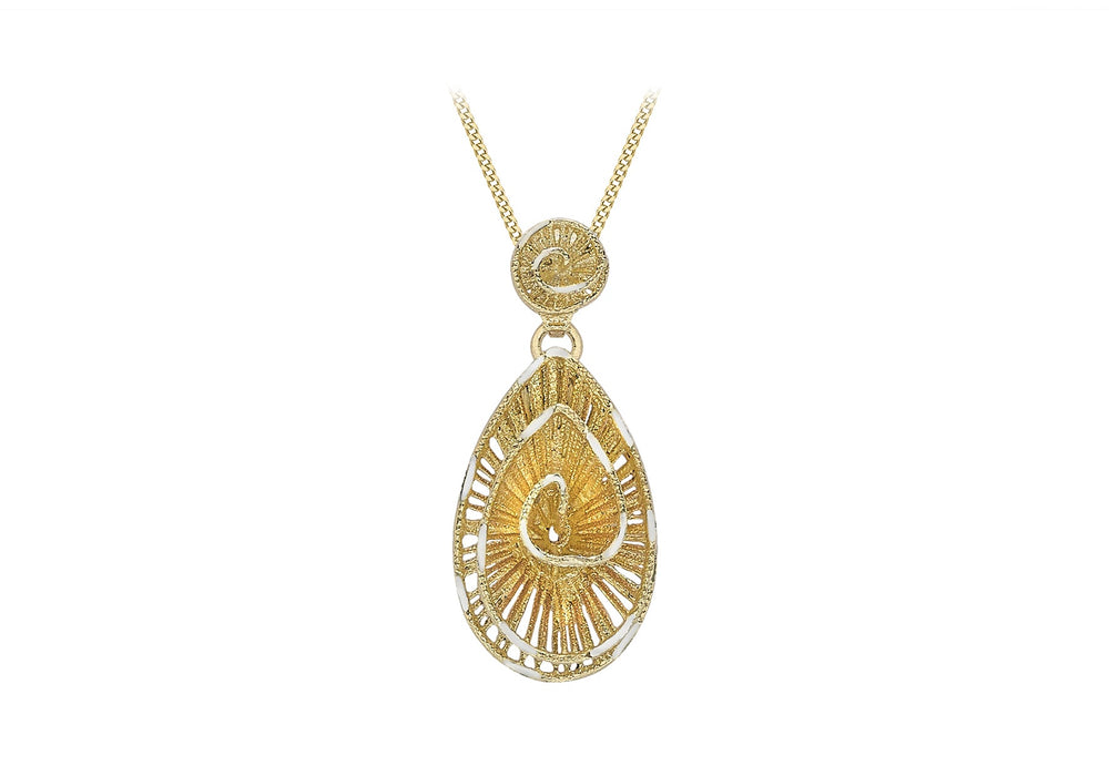 9ct 2-Tone Gold 11.4mm x 25mm Lace-Style Swirl Teardrop Pendant