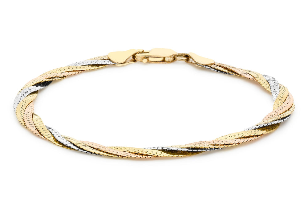 9ct 3-Colour Gold 4 Plait Diamond Cut Herringbone Bracelet 18m/7"9