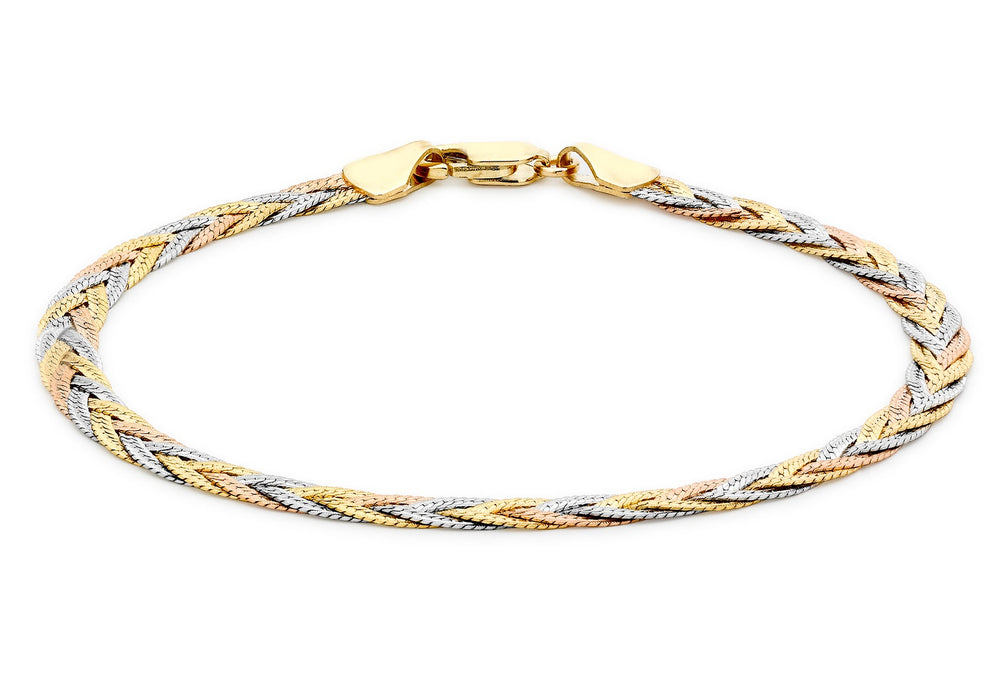 9ct 3-Colour Gold 3-Plait Textured Herringbone Bracelet 18m/7"9