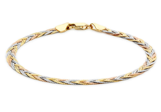 9ct 3-Colour Gold 3-Plait Textured Herringbone Bracelet 18m/7"9