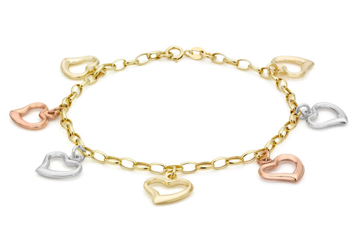 9ct 3-Colour Gold Open-Heart Charm Belcher  Bracelet 18m/7"9