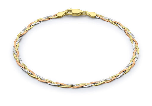 9ct 3-Colour Gold Triple-Plait Diamond Cut Herringbone Bracelet 19m/7.5"9