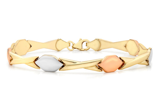 9ct 3-Colour Gold Hugs and Kisses Link Bracelet 19m/7.5"9