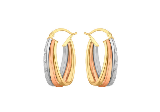 9ct 3-Colour Gold Diamond Cut Triple Loop Creole Earrings