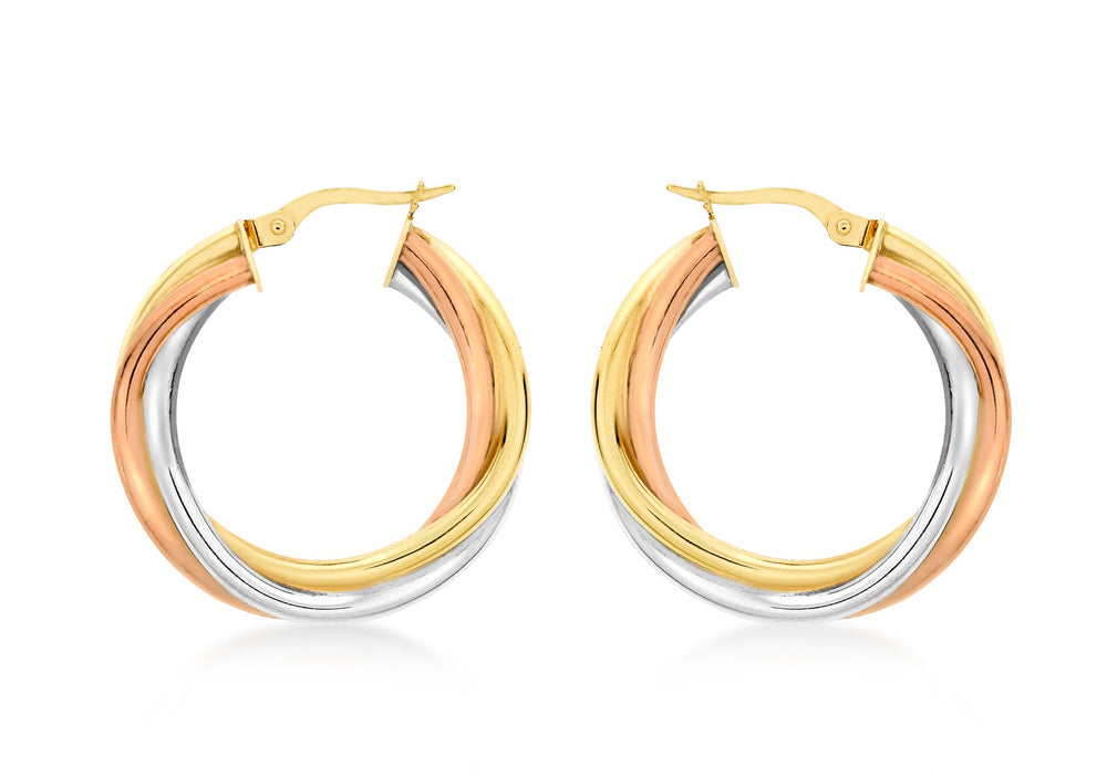 9ct 3-Colour Gold 28mm Twist Creole Earrings