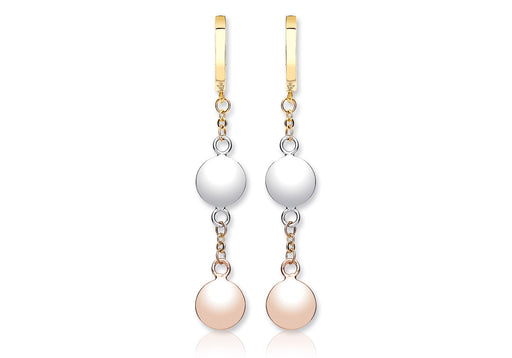 9ct 3-Colour Gold Disc Drop Huggy Earrings
