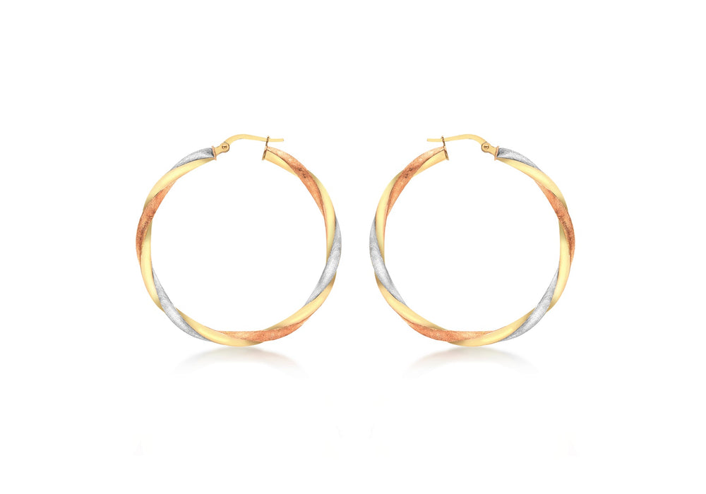 9ct 3-Colour Gold 40mm Satin Twist Creole Earrings