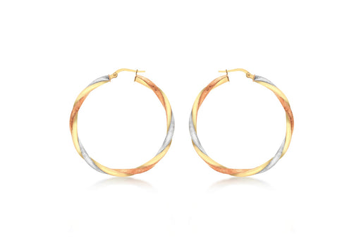 9ct 3-Colour Gold 40mm Satin Twist Creole Earrings