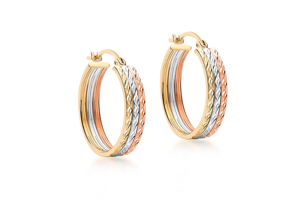 9ct 3-Colour Gold 18mm Diamond Cut Creole Earrings