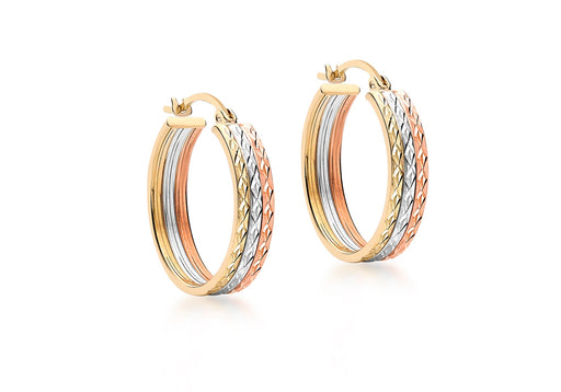 9ct 3-Colour Gold 18mm Diamond Cut Creole Earrings