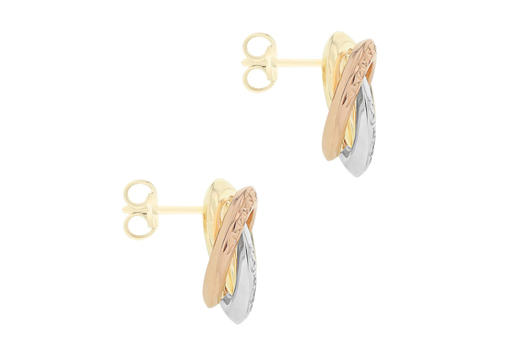 9ct 3-Colour Gold Diamond Cut Linked Rings Stud Earrings