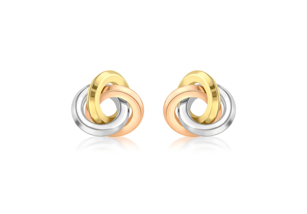 9ct 3-Colour Gold 13mm Rhombus Tube Knot Stud Earrings