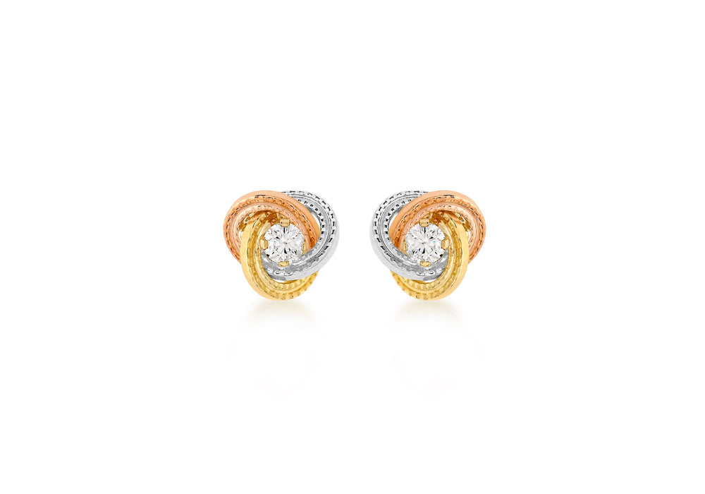 9ct 3-Colour Gold Zirconia  8mm Knot Stud Earrings