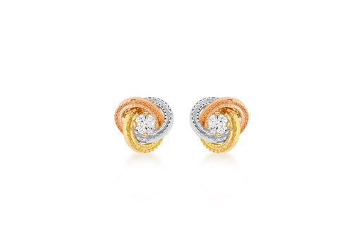 9ct 3-Colour Gold Zirconia  8mm Knot Stud Earrings