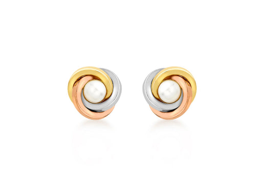 9ct 3-Colour Gold 9mm Knot and Pearl Stud Earrings