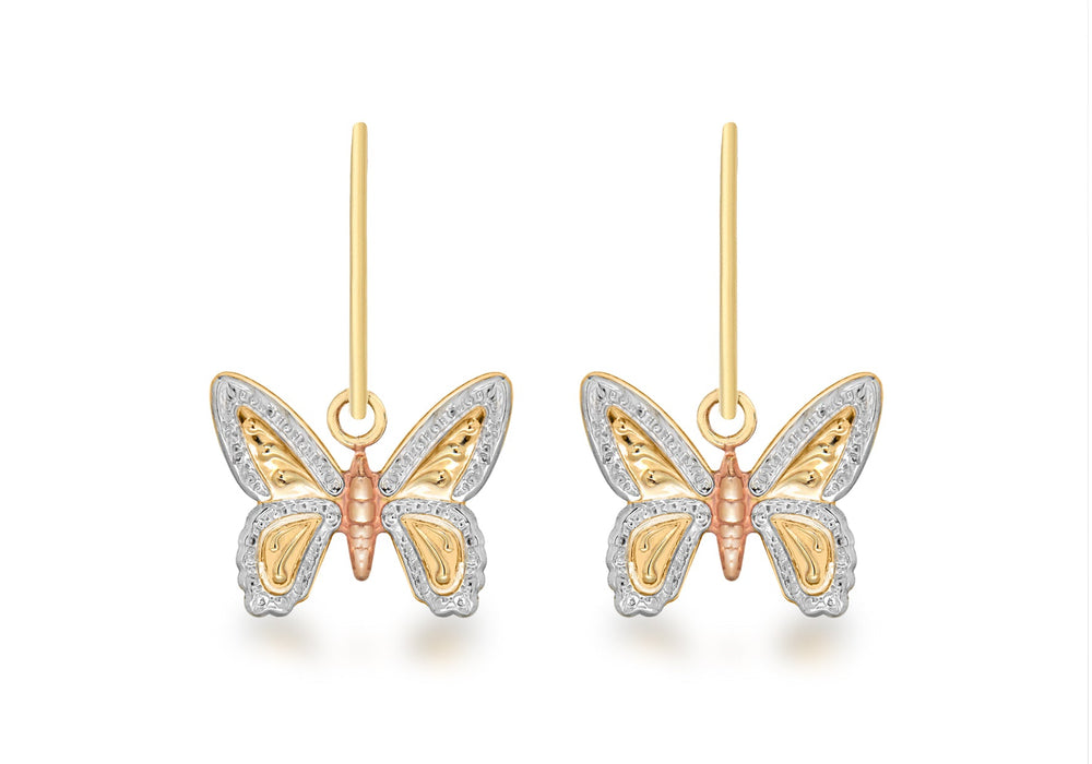 9ct 3-Colour Gold 11mm x 15mm Textured Butterfly Drop Earrings