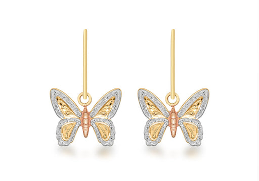 9ct 3-Colour Gold 11mm x 15mm Textured Butterfly Drop Earrings