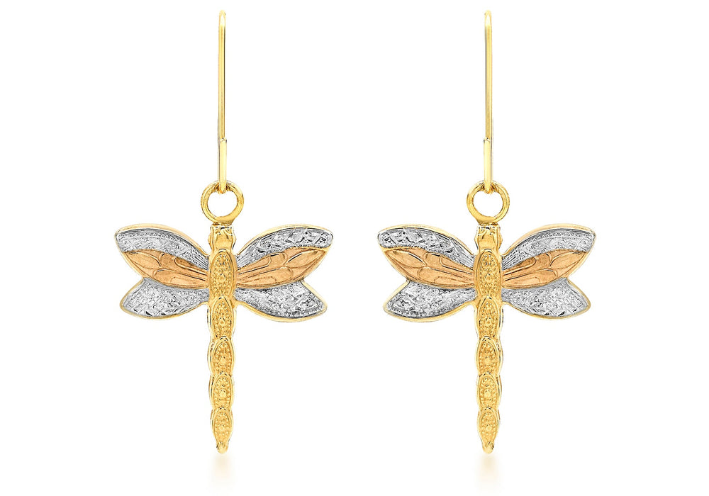 9ct 3-Colour Gold 15mm x 17mm Textured Dragonfly Drop Earrings