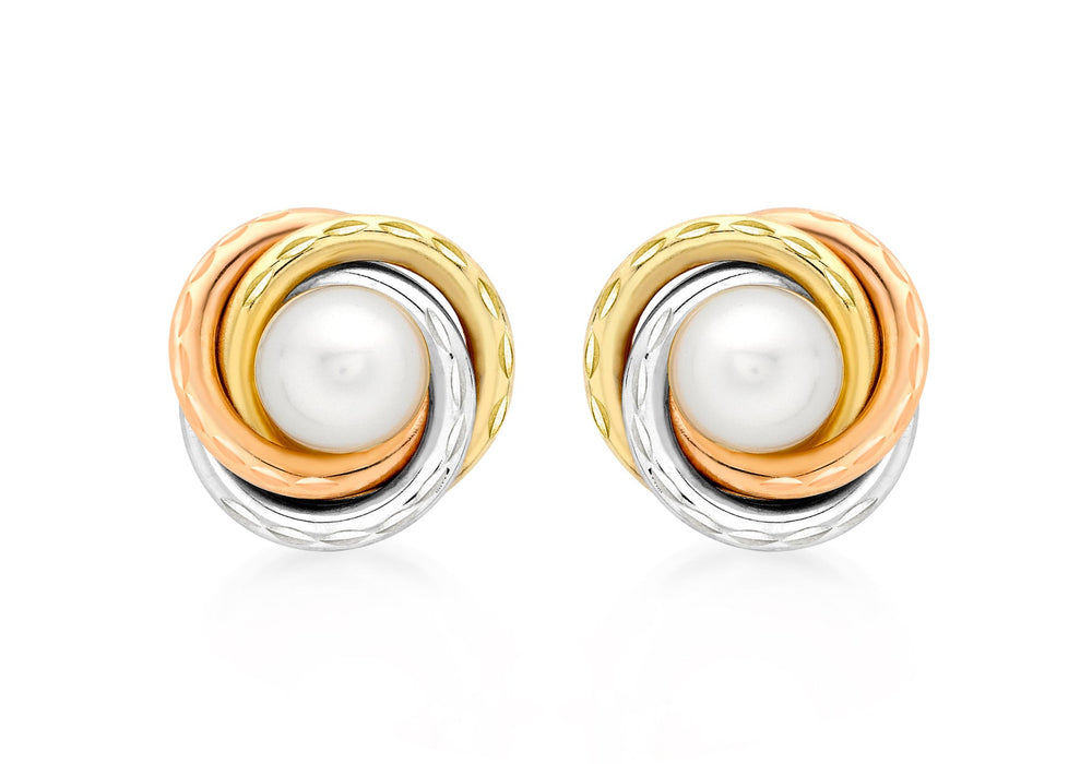 9ct 3-Colour Gold Pearl 12mm Knot Stud Earrings