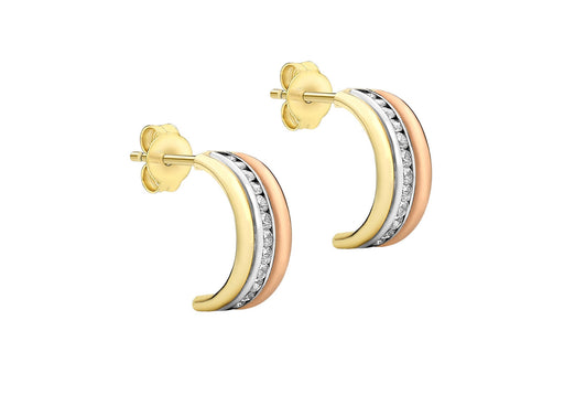 9ct 3-Colour Gold Zirconia  Half Hoop Earrings
