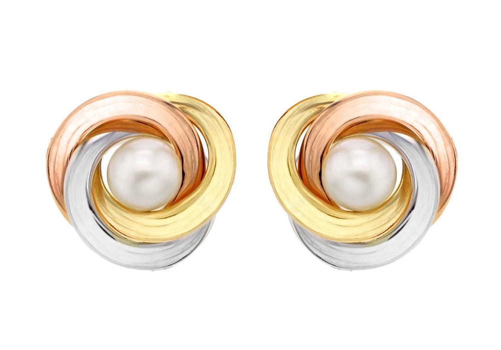 9ct 3-Colour Gold 15mm Knot and Pearl Stud Earrings