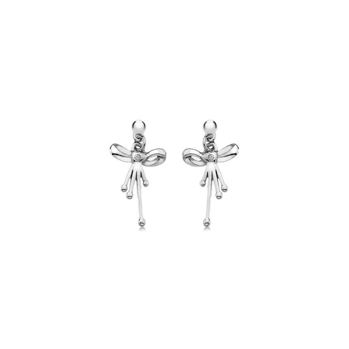 Sterling Silver Bow and Heart Drop Earrings Hand-Set with Diamond Accents