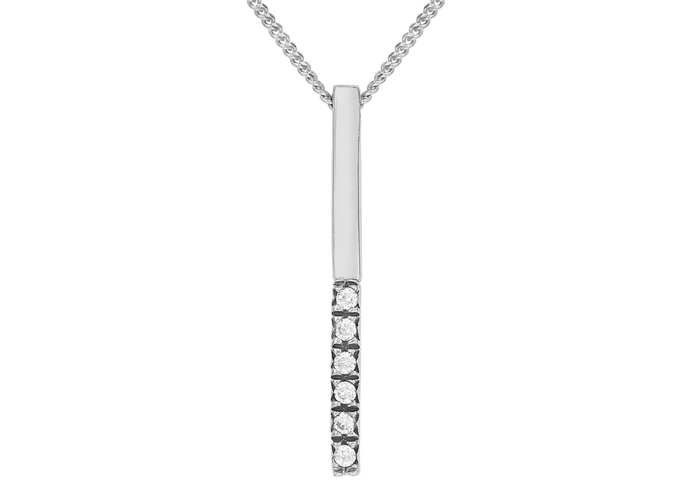 9ct White Gold Zirconia  Bar Drop Pendant on Chain Necklace