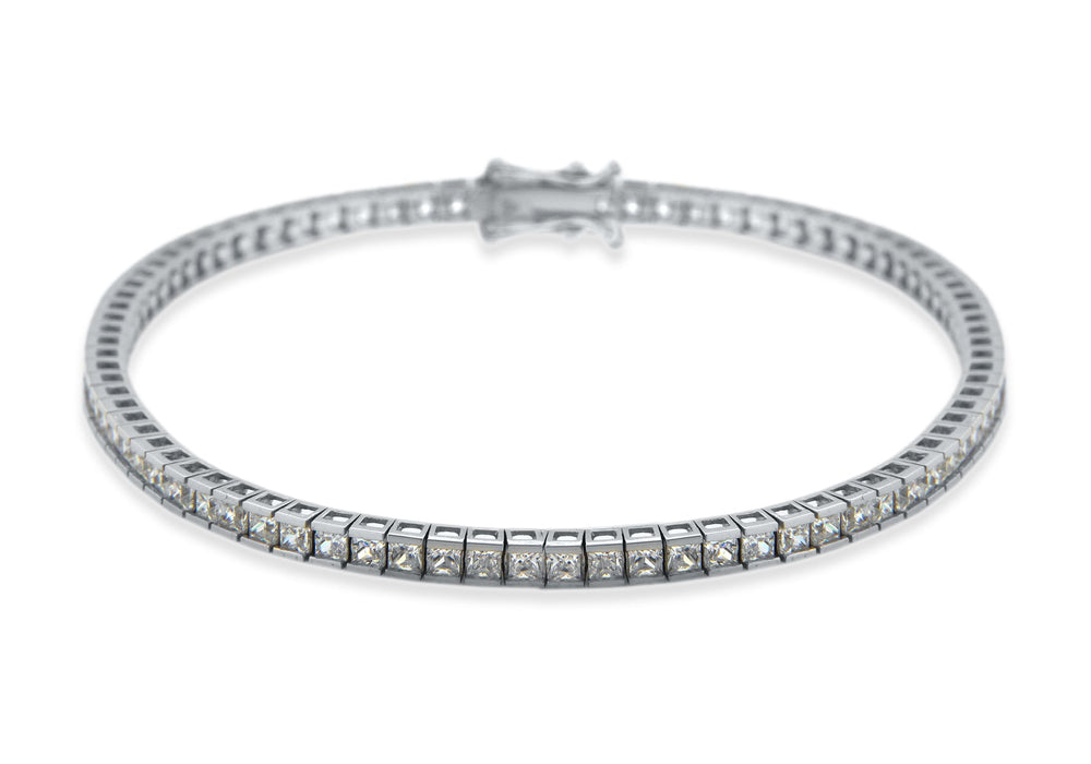 9ct White Gold 2mm Square Zirconia  Tennis Bracelet 19m/7.5"9