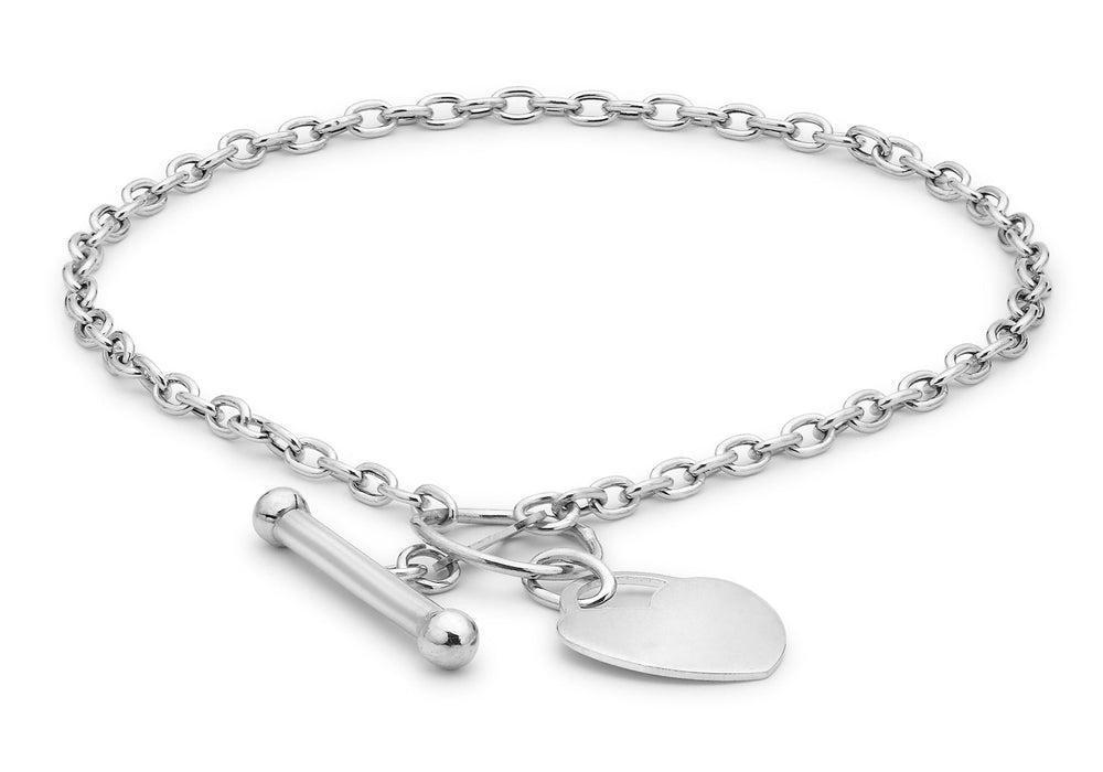 9ct White Gold Heart Tag T-Bar Bracelet 18m/7"9