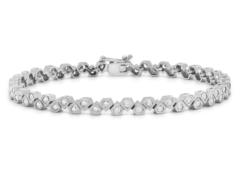 9ct White Gold 2mm Zirconia  Pentagonal Tennis Bracelet 19m/7.5"9