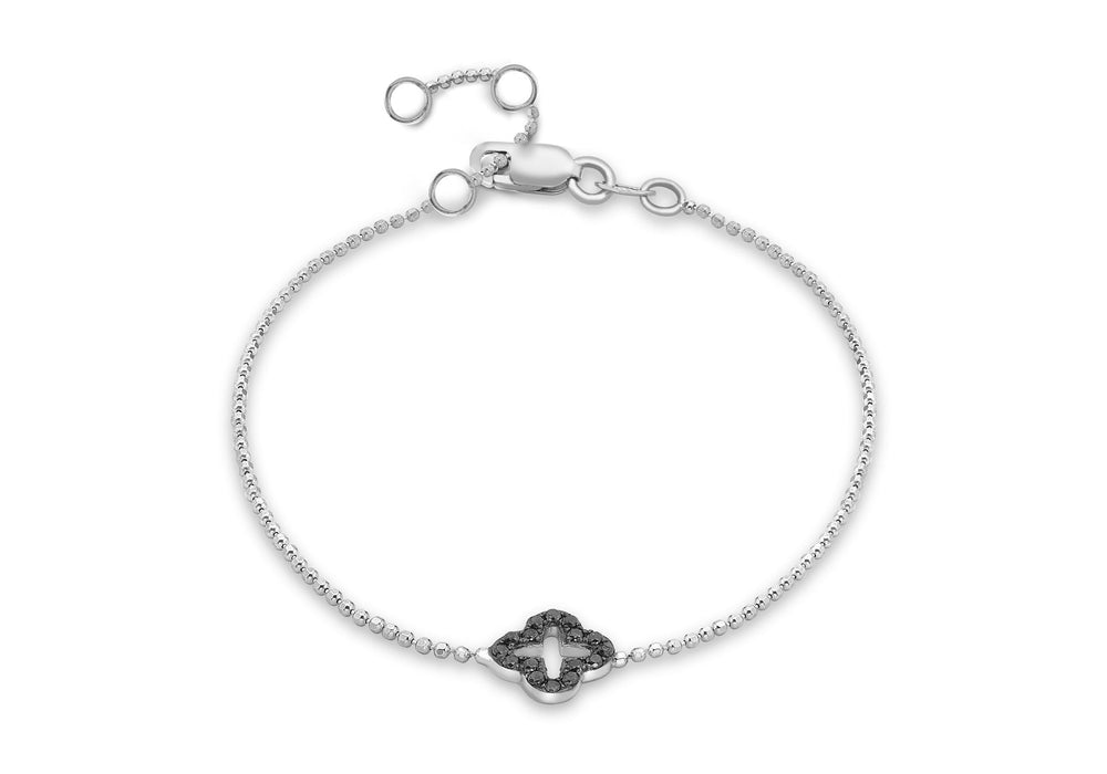 9ct White Gold 0.08t Black Diamond Flower Cross on Adjustable Ball Chain Bracelet 18m/7"9