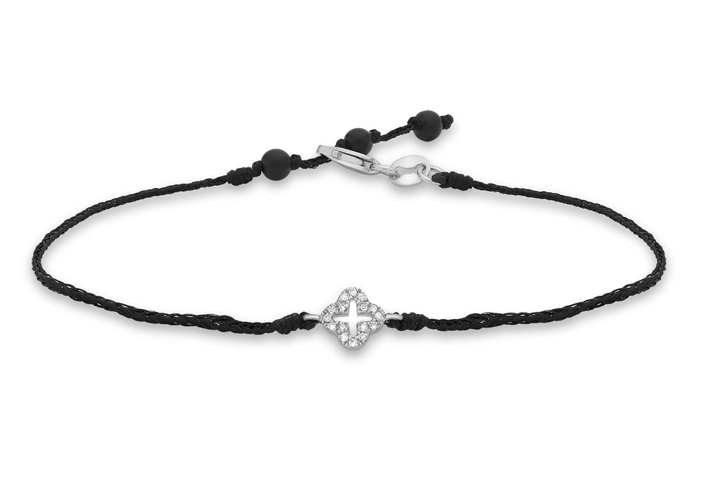 9ct White Gold 0.04t Diamond Flower Cross on Adjustable Black String Bracelet 17m/6.7"9