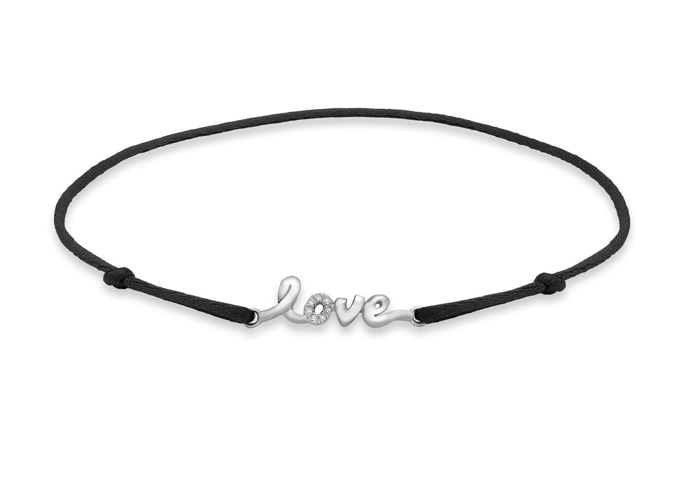 9ct White Gold 0.03t Diamond 'Love' on Adjustable Black Silk Bracelet 14m/5.5"9