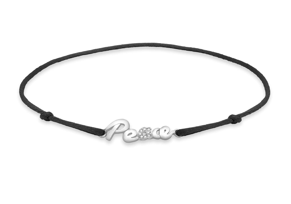 9ct White Gold 0.03ct Diamond 'Peace' Adjustable Black Silk Bracelet 