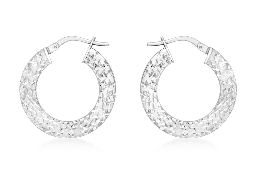 9ct White Gold Diamond Cut Flat Creole Earrings